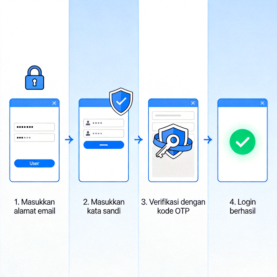 Ilustrasi grafis proses login yang aman dengan simbol kunci dan perisai
