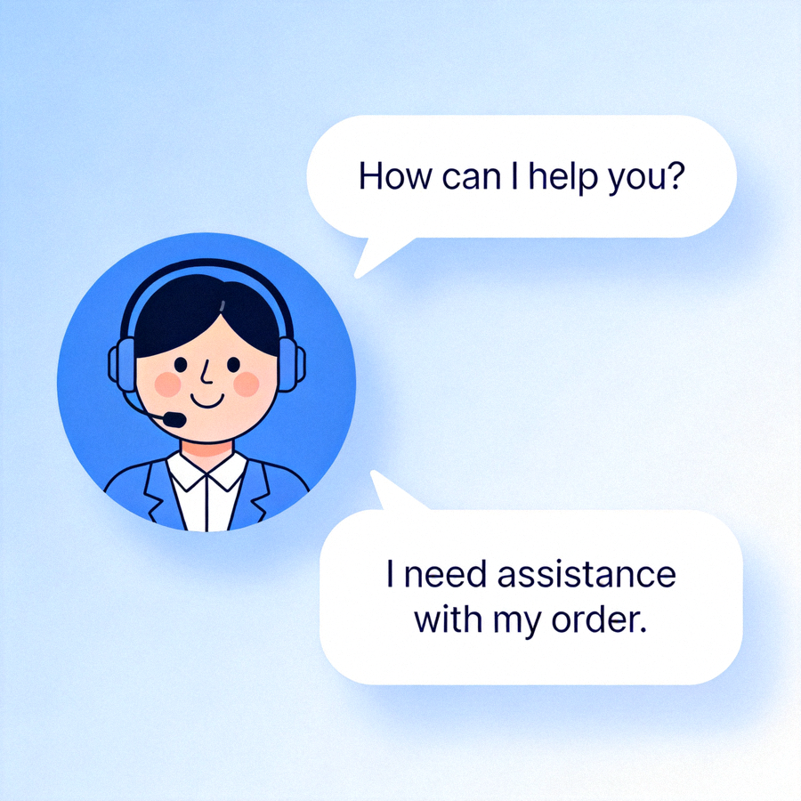 Ilustrasi layanan bantuan pelanggan online dengan ikon kepala dan percakapan